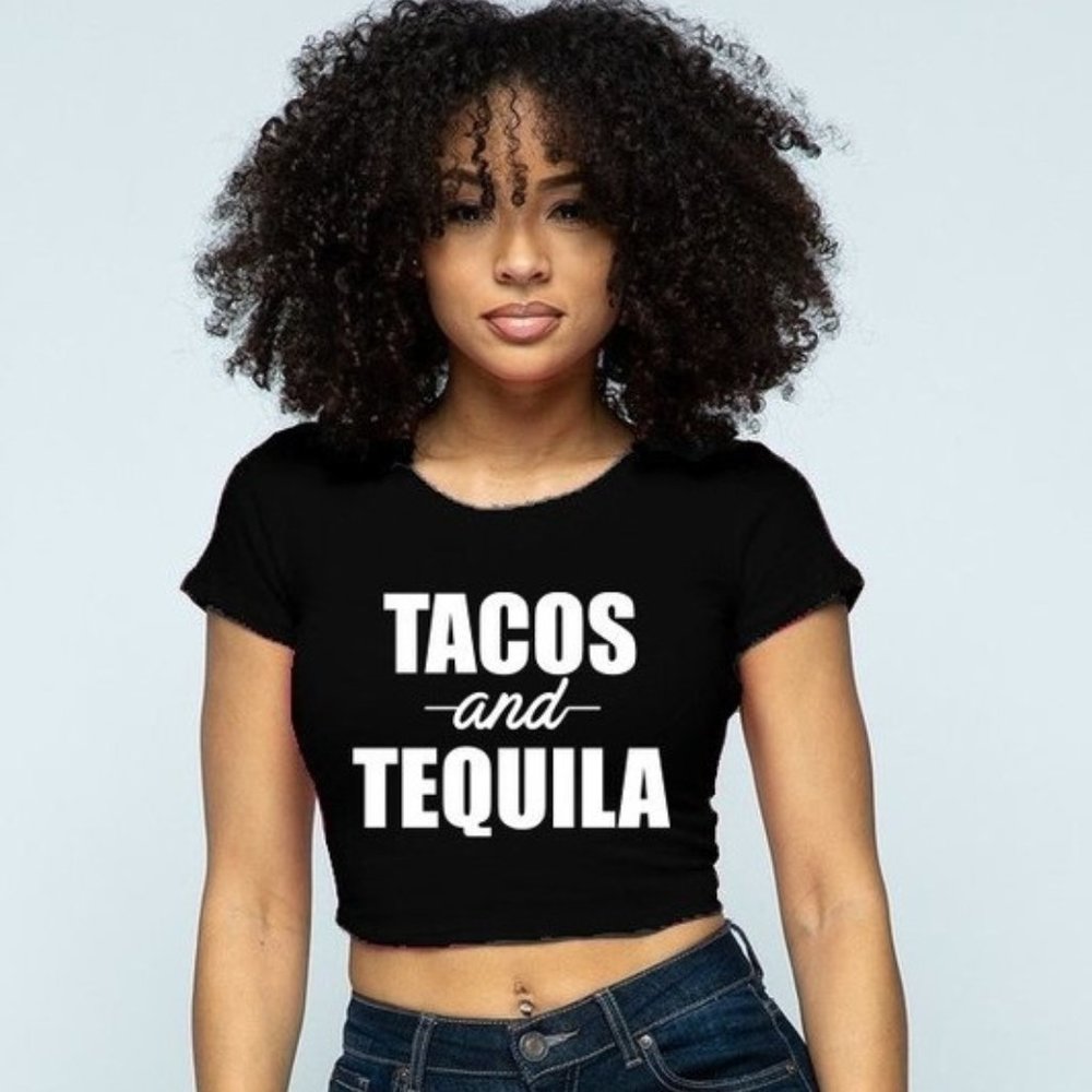 New Black & White Tacos and Tequila Graphic Crop Top T Shirt